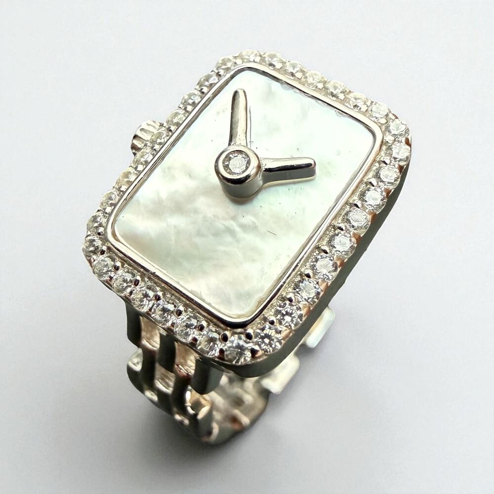 Mother of Pearl Sterling Silver Ring Size 8 – Elegant Statement Watch Design